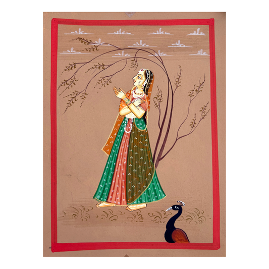 Handmade Miniature Painting | Ragini with peacock | Rust colour background