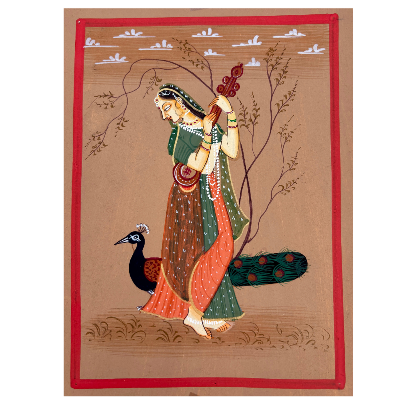 Handmade Miniature Painting | Ragini with veena and peacock | Rust colour background