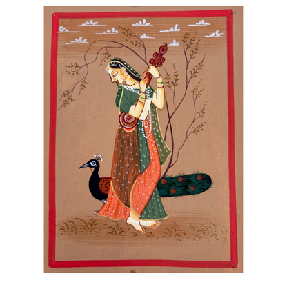 Handmade Miniature Painting | Ragini with veena and peacock | Rust colour background