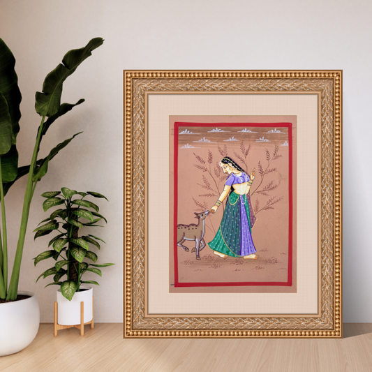 Handmade Miniature Painting | Ragini with deer | Rust colour background