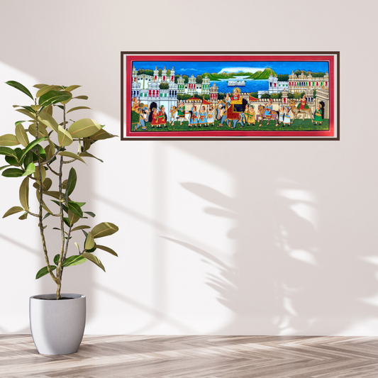 Handmade Rajasthani Miniature painting | Red | Royal procession with city palace and lake palace in background