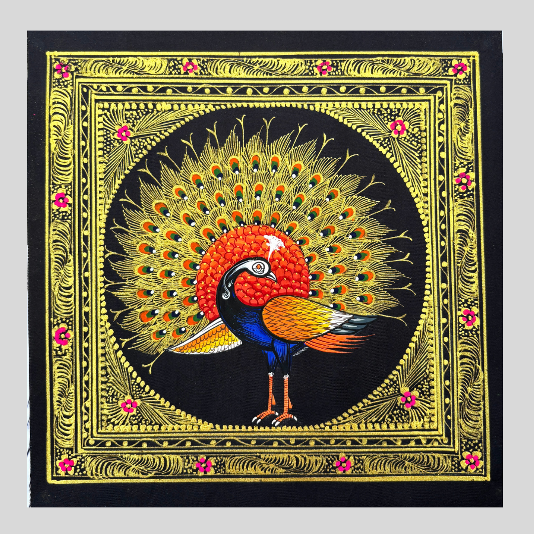 Rajasthani Handmade Miniature painting Royal Peacock Right Facing Orange Colour with Golden Detailing