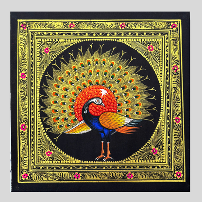 Rajasthani Handmade Miniature painting Royal Peacock Right Facing Orange Colour with Golden Detailing