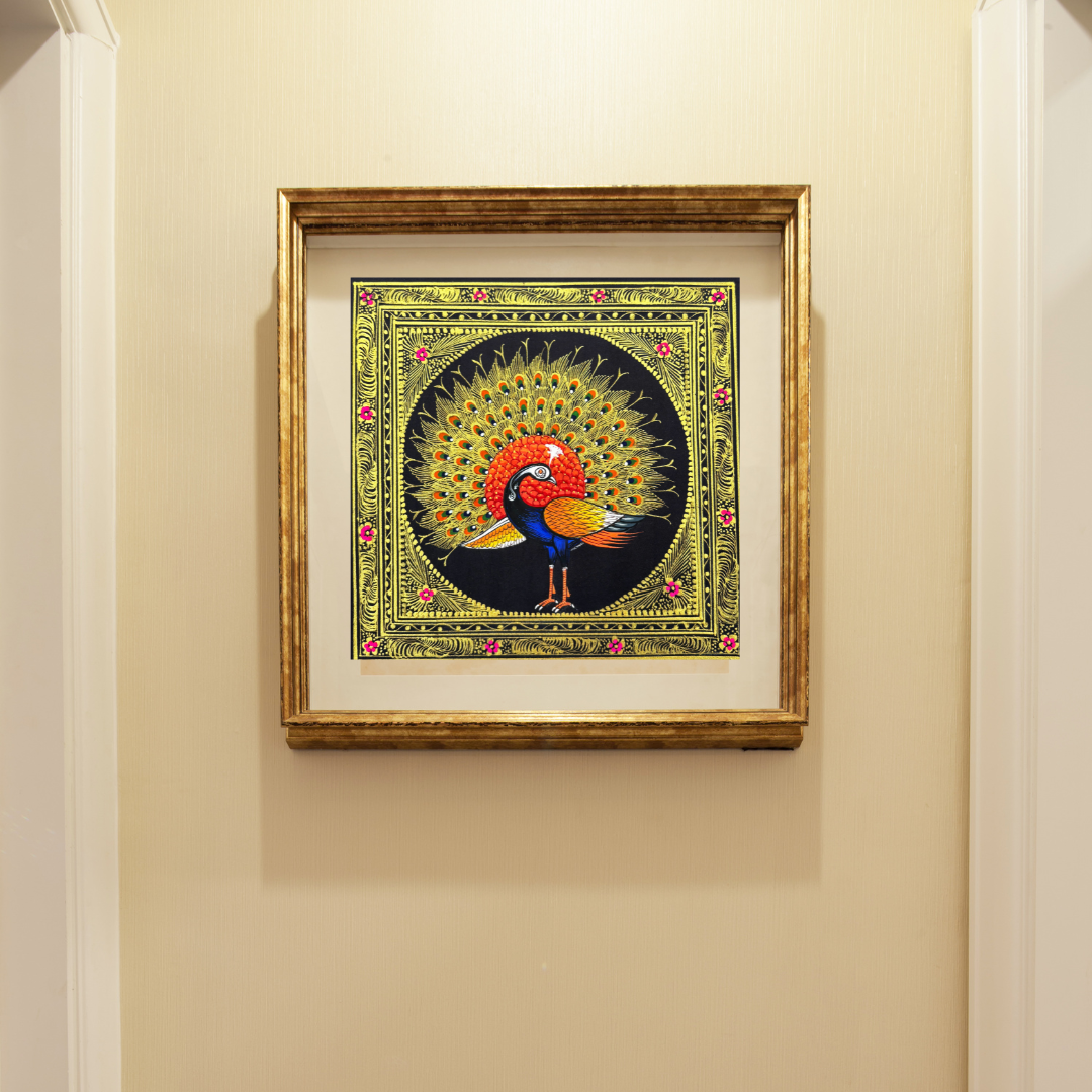 Rajasthani Handmade Miniature painting Royal Peacock Right Facing Orange Colour with Golden Detailing