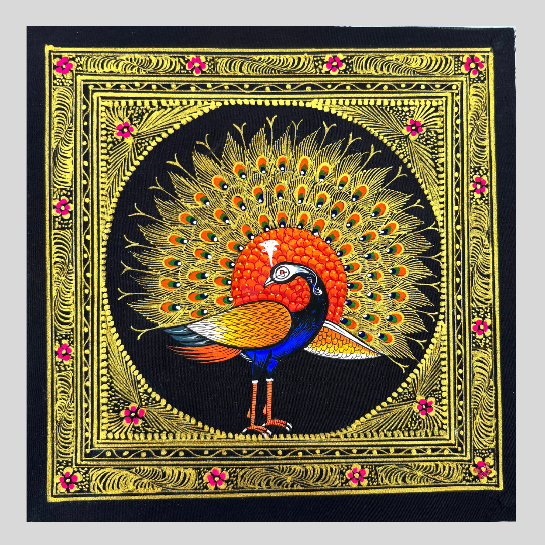 Rajasthani Handmade Miniature painting Royal Peacock Left Facing Orange Colour with Golden Detailing
