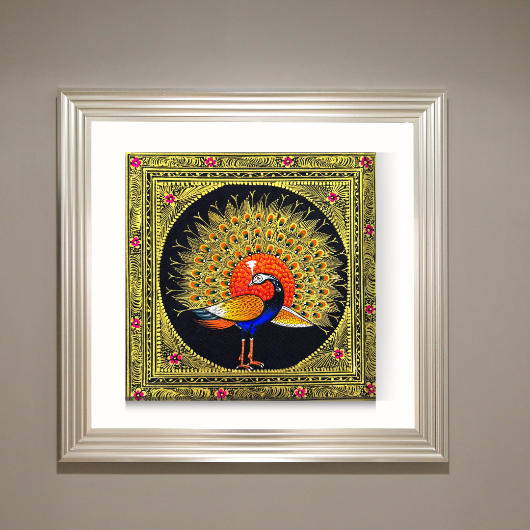 Rajasthani Handmade Miniature painting Royal Peacock Left Facing Orange Colour with Golden Detailing