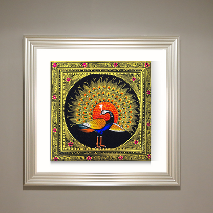 Rajasthani Handmade Miniature painting Royal Peacock Left Facing Orange Colour with Golden Detailing