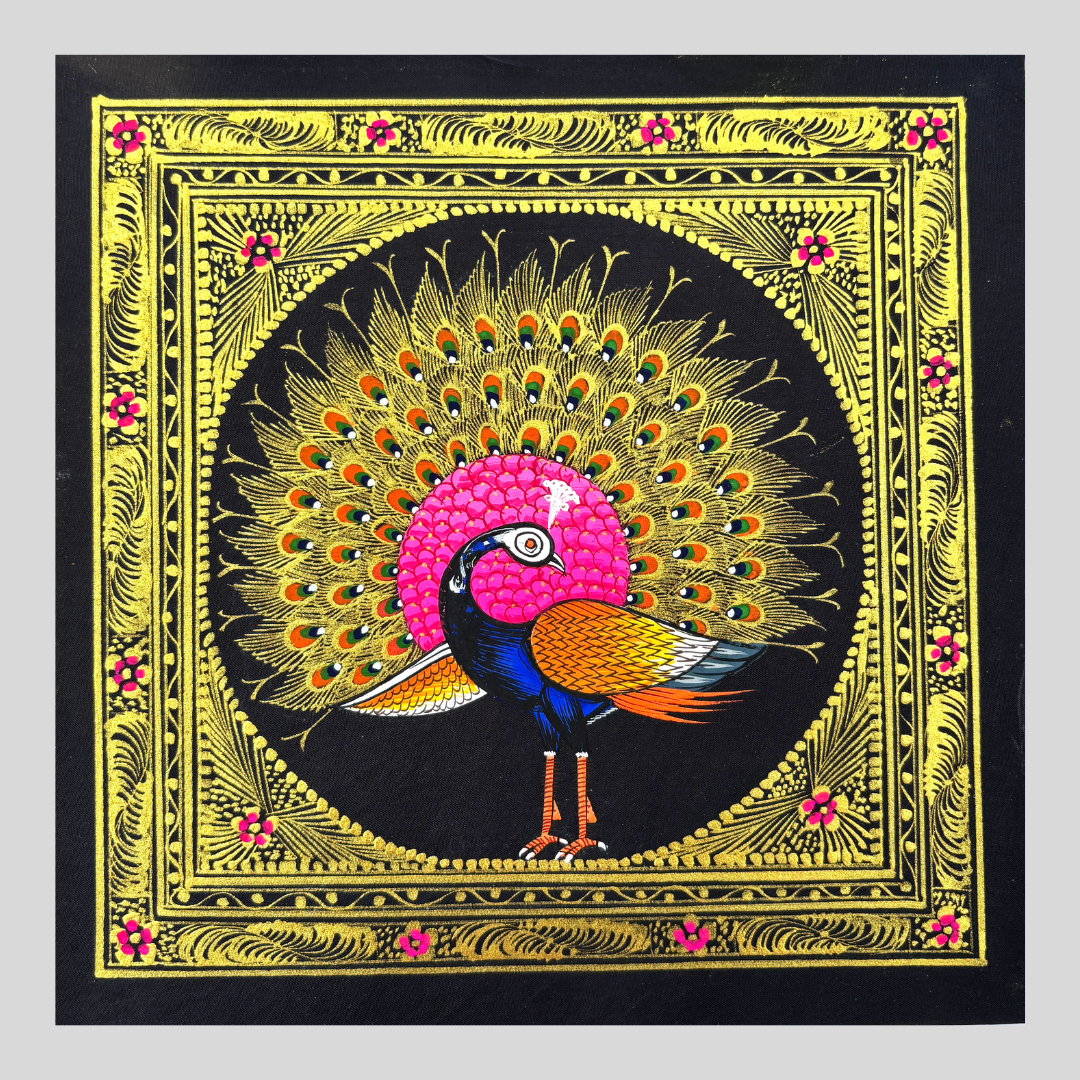 Rajasthani Handmade Miniature painting Royal Peacock Right Facing Pink Colour with Golden Detailing