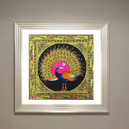 Rajasthani Handmade Miniature painting Royal Peacock Right Facing Pink Colour with Golden Detailing