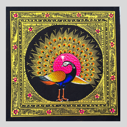 Rajasthani Handmade Miniature painting Royal Peacock Left Facing Pink Colour with Golden Detailing