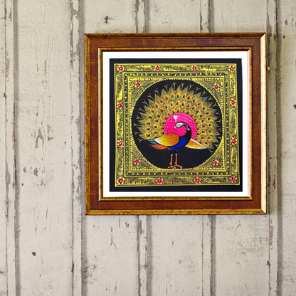 Rajasthani Handmade Miniature painting Royal Peacock Left Facing Pink Colour with Golden Detailing