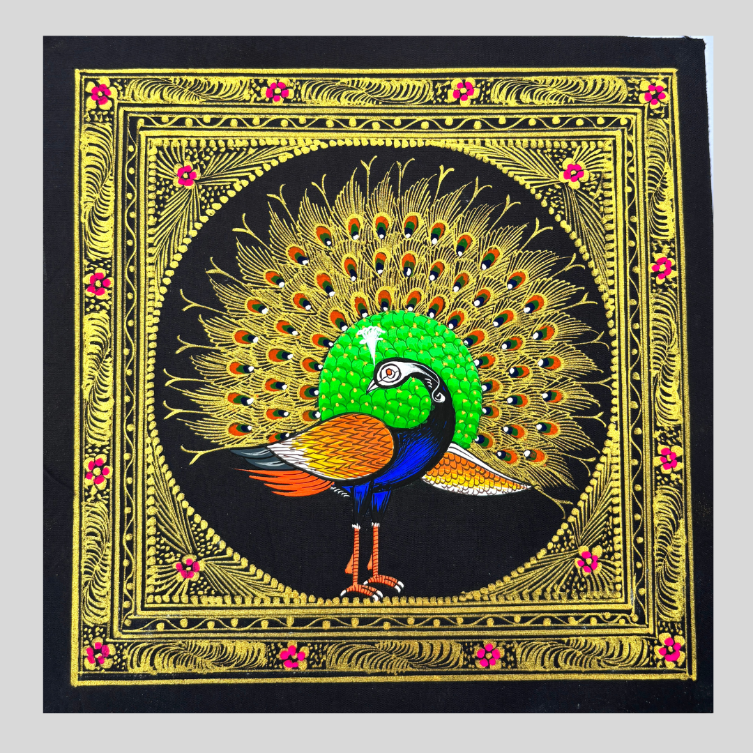 Rajasthani Handmade Miniature painting Royal Peacock Left Facing Green Colour with Golden Detailing