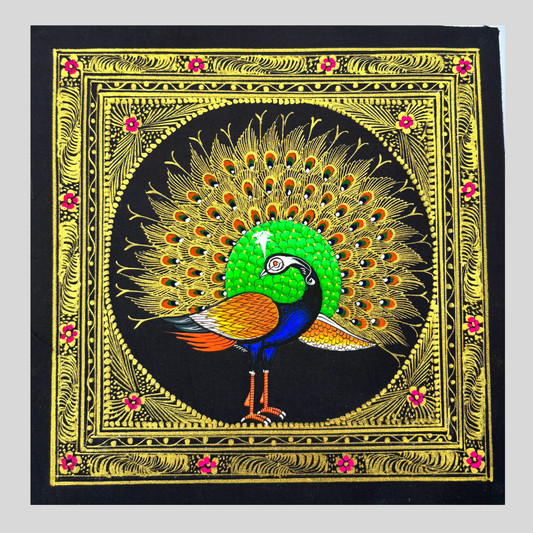 Rajasthani Handmade Miniature painting Royal Peacock Left Facing Green Colour with Golden Detailing