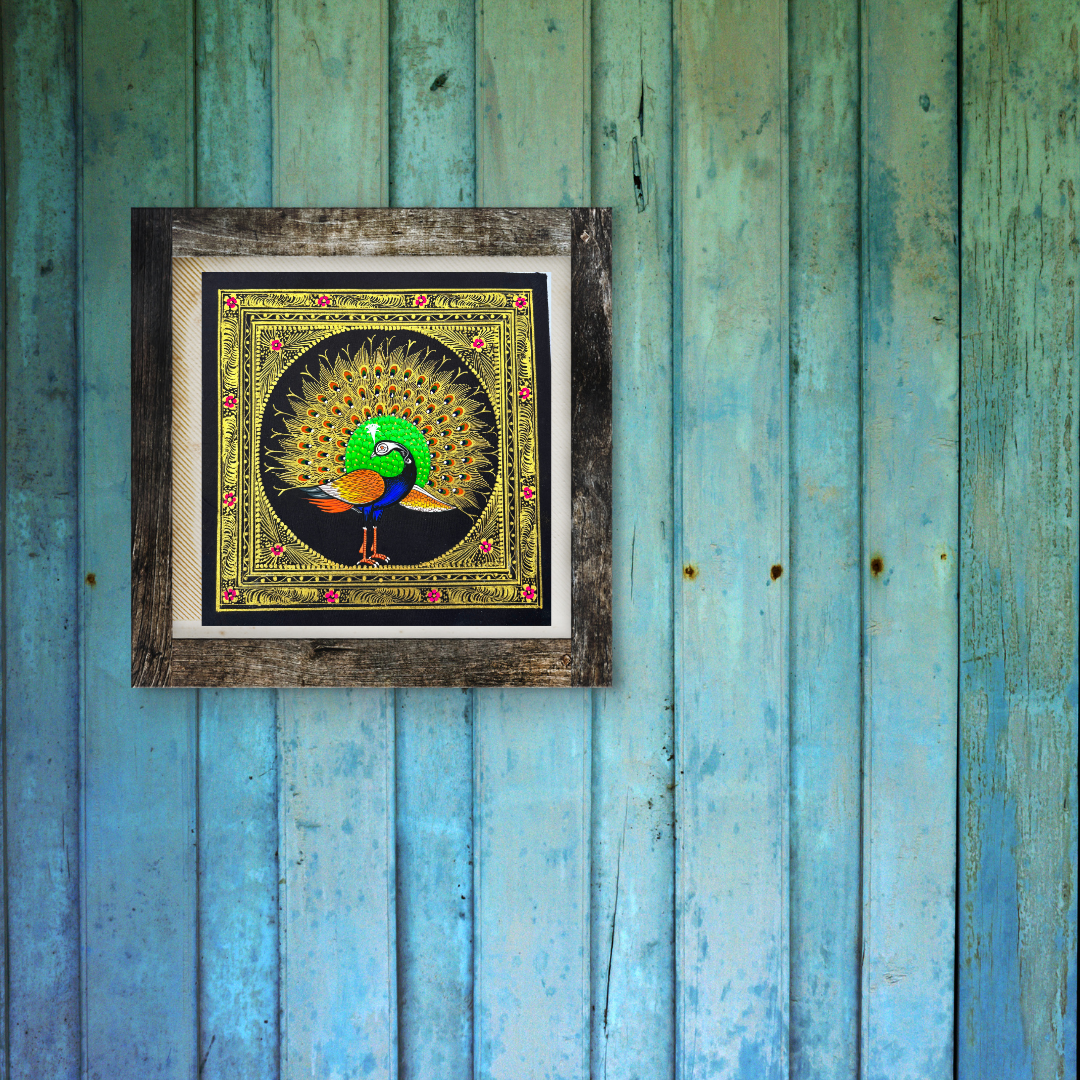 Rajasthani Handmade Miniature painting Royal Peacock Left Facing Green Colour with Golden Detailing