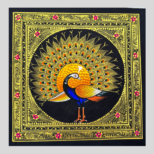 Rajasthani Handmade Miniature painting Royal Peacock Right Facing Yellow Colour with Golden Detailing