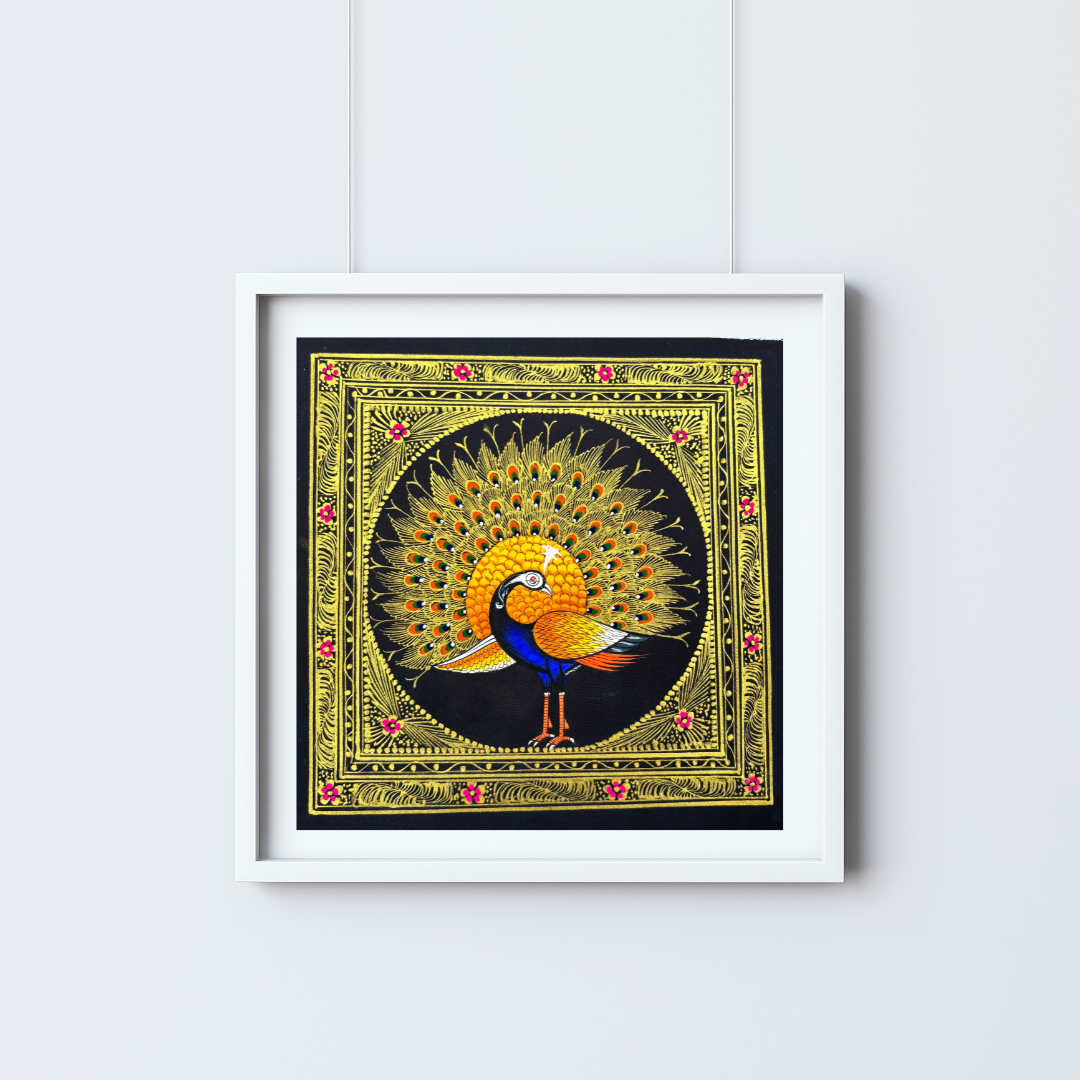 Rajasthani Handmade Miniature painting Royal Peacock Right Facing Yellow Colour with Golden Detailing