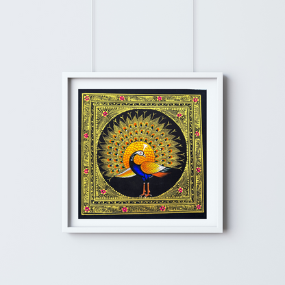 Rajasthani Handmade Miniature painting Royal Peacock Right Facing Yellow Colour with Golden Detailing