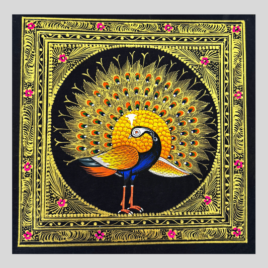 Rajasthani Handmade Miniature painting Royal Peacock Left Facing Yellow Colour with Golden Detailing