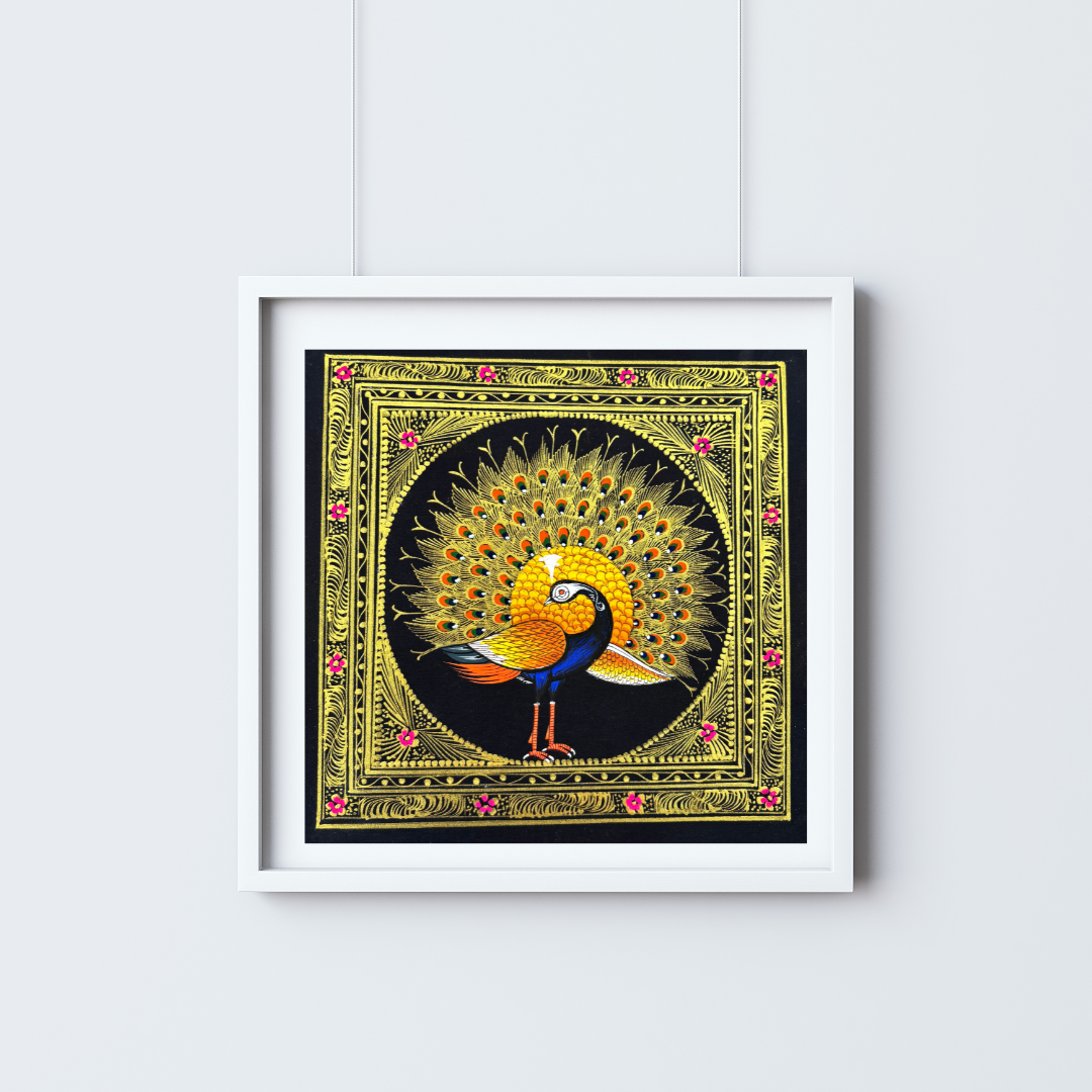 Rajasthani Handmade Miniature painting Royal Peacock Left Facing Yellow Colour with Golden Detailing