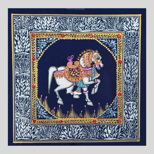 Rajasthani Handmade Miniature painting Horse Blue background facing right with Golden Detailing