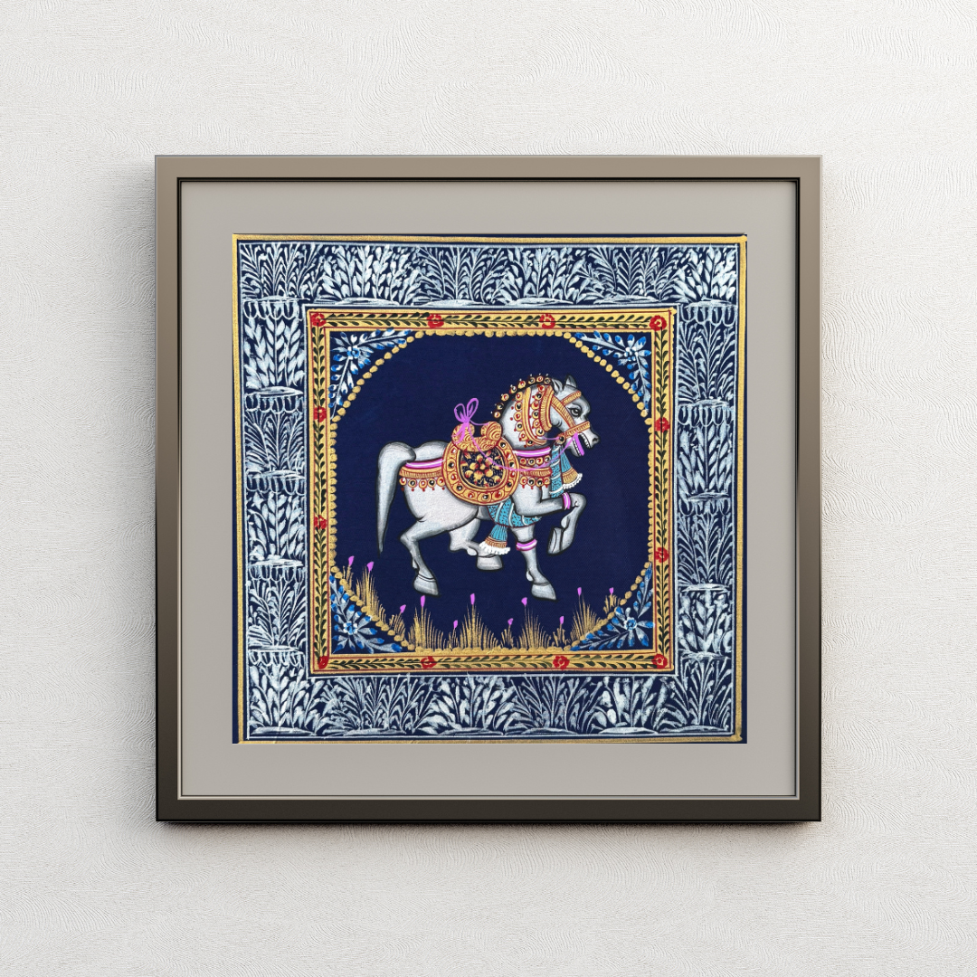 Rajasthani Handmade Miniature painting Horse Blue background facing right with Golden Detailing