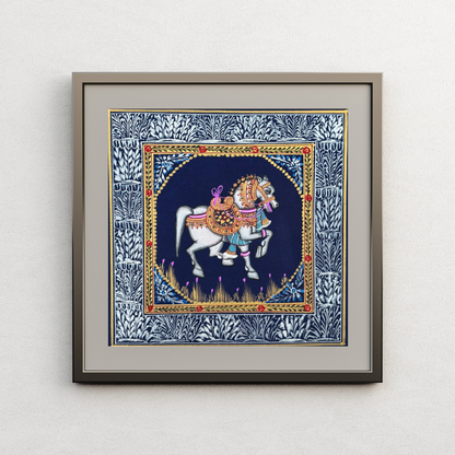 Rajasthani Handmade Miniature painting Horse Blue background facing right with Golden Detailing
