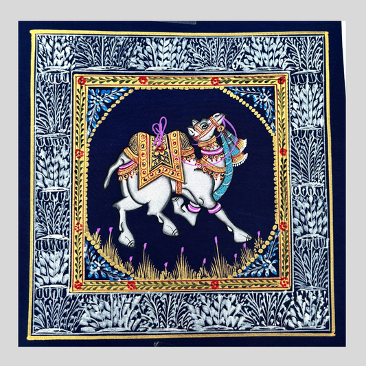 Rajasthani Handmade Miniature painting Camel Blue background facing right with Golden Detailing