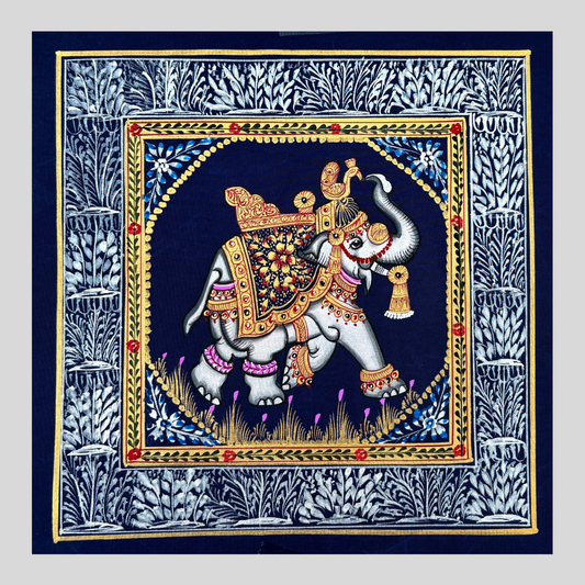 Rajasthani Handmade Miniature painting Elephant Blue background facing right with Golden Detailing