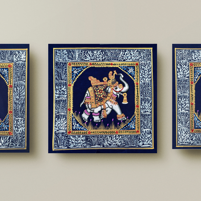 Rajasthani Handmade Miniature painting Elephant Blue background facing right with Golden Detailing