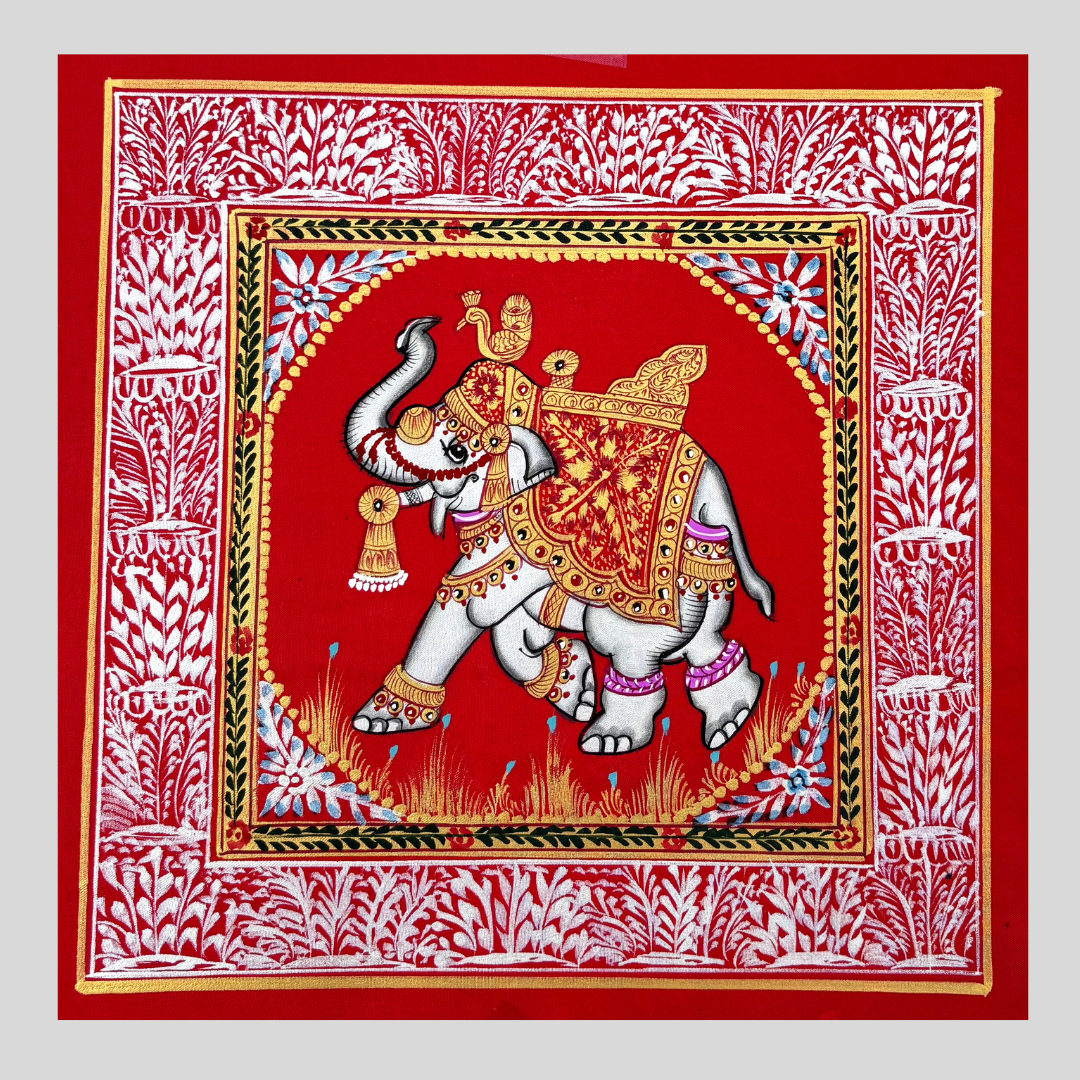 Rajasthani Handmade Miniature painting Elephant Red background facing left with Golden Detailing