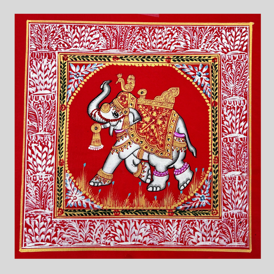 Rajasthani Handmade Miniature painting Elephant Red background facing left with Golden Detailing