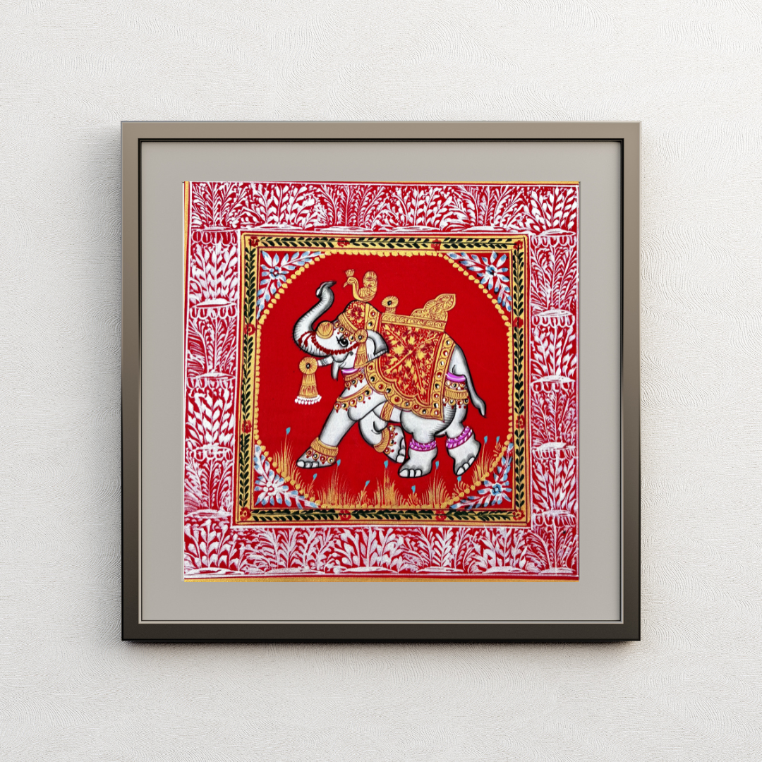 Rajasthani Handmade Miniature painting Elephant Red background facing left with Golden Detailing