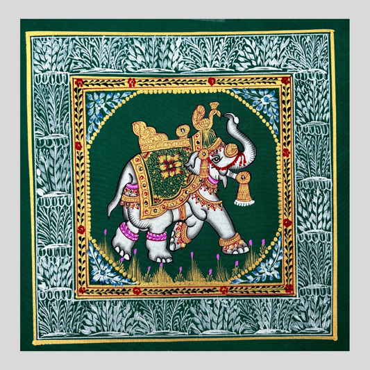 Rajasthani Handmade Miniature painting Elephant Green background facing right with Golden Detailing