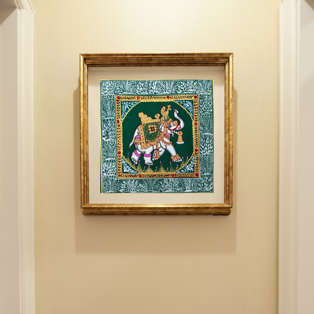 Rajasthani Handmade Miniature painting Elephant Green background facing right with Golden Detailing