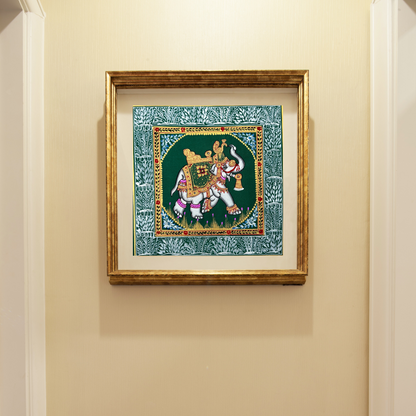 Rajasthani Handmade Miniature painting Elephant Green background facing right with Golden Detailing