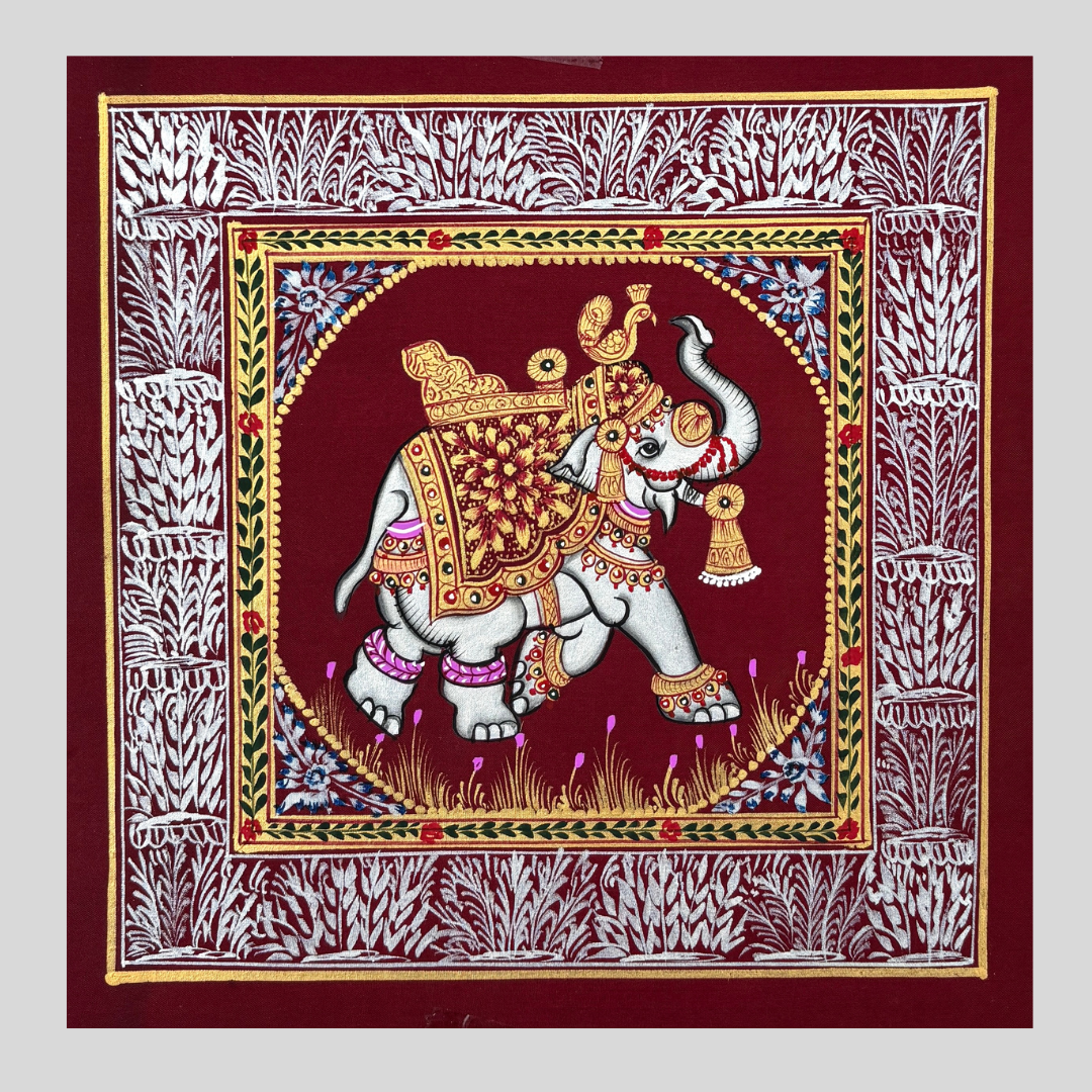 Rajasthani Handmade Miniature painting Elephant Maroon background facing right with Golden Detailing