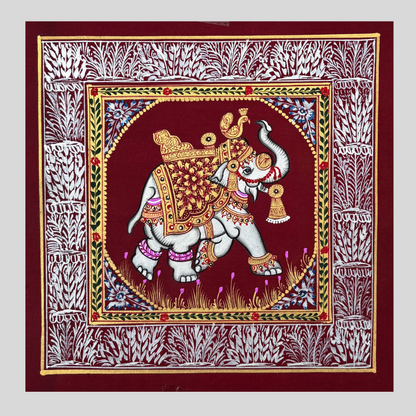 Rajasthani Handmade Miniature painting Elephant Maroon background facing right with Golden Detailing