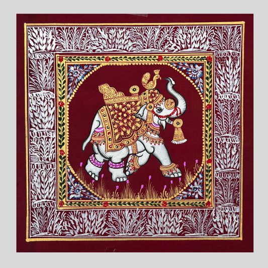 Rajasthani Handmade Miniature painting Elephant Maroon background facing right with Golden Detailing
