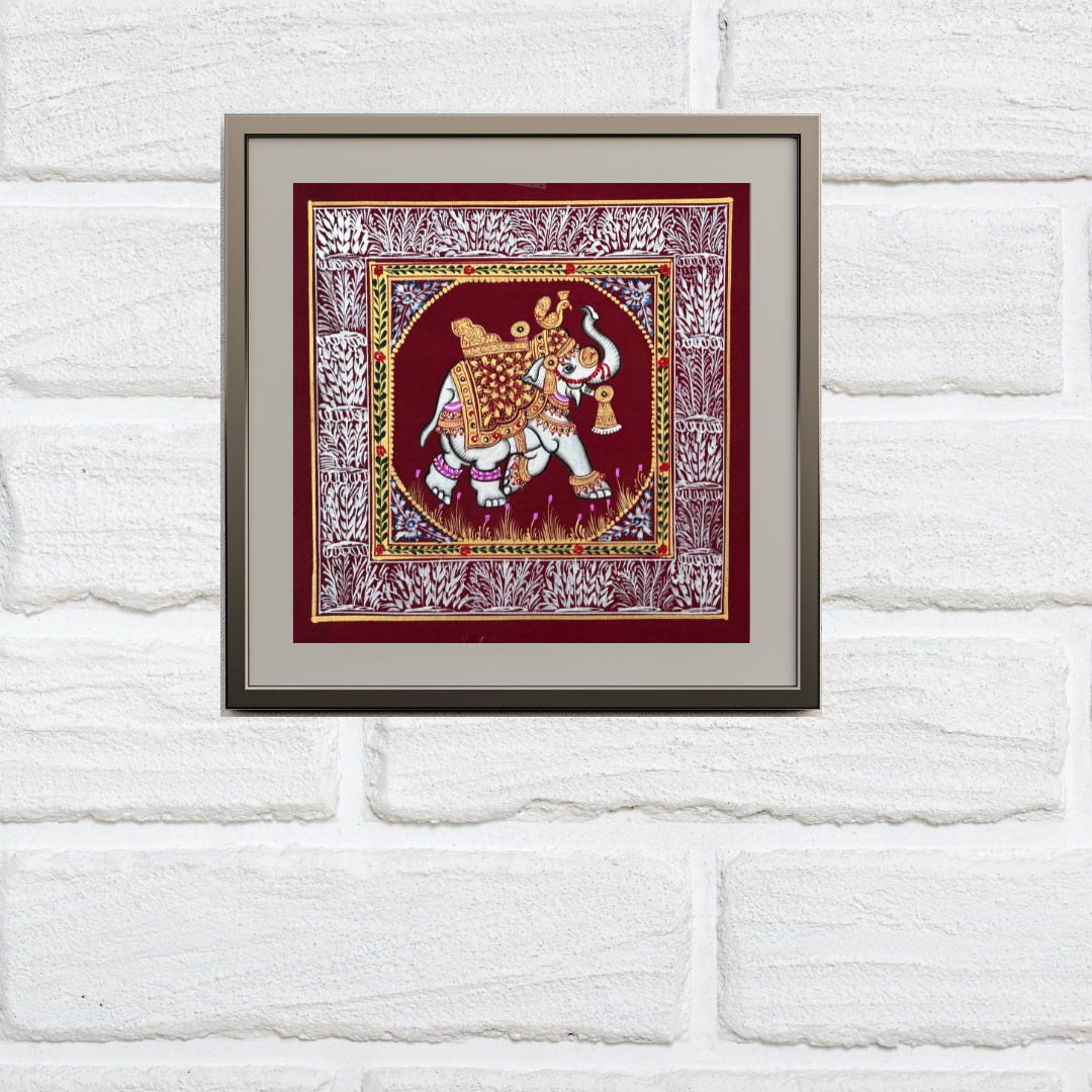 Rajasthani Handmade Miniature painting Elephant Maroon background facing right with Golden Detailing