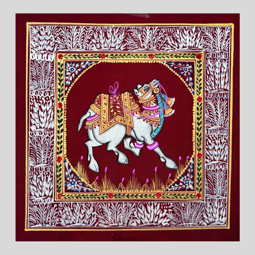 Rajasthani Handmade Miniature painting Camel Maroon background facing right with Golden Detailing