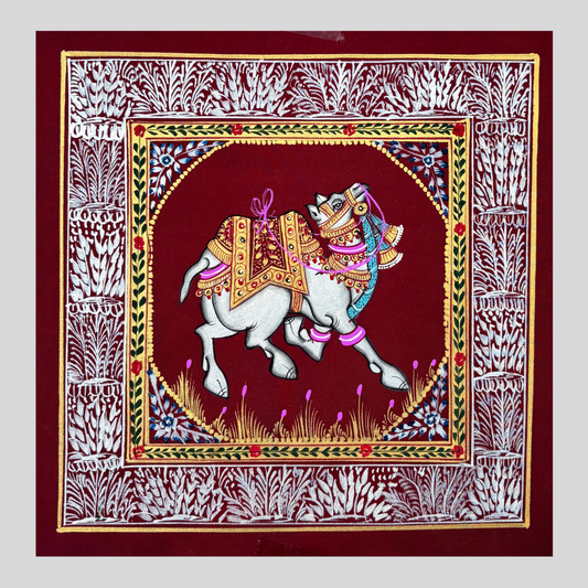 Rajasthani Handmade Miniature painting Camel Maroon background facing right with Golden Detailing
