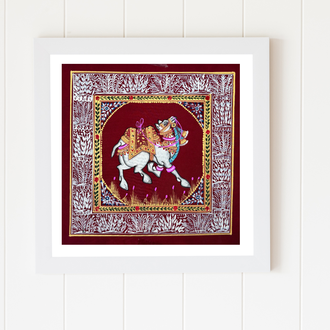 Rajasthani Handmade Miniature painting Camel Maroon background facing right with Golden Detailing