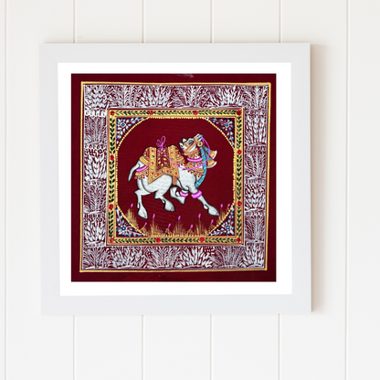 Rajasthani Handmade Miniature painting Camel Maroon background facing right with Golden Detailing