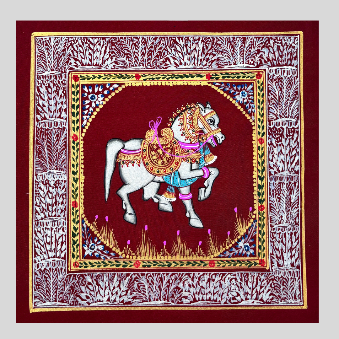 Rajasthani Handmade Miniature painting Horse Maroon background facing right with Golden Detailing