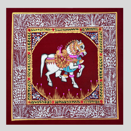 Rajasthani Handmade Miniature painting Horse Maroon background facing right with Golden Detailing