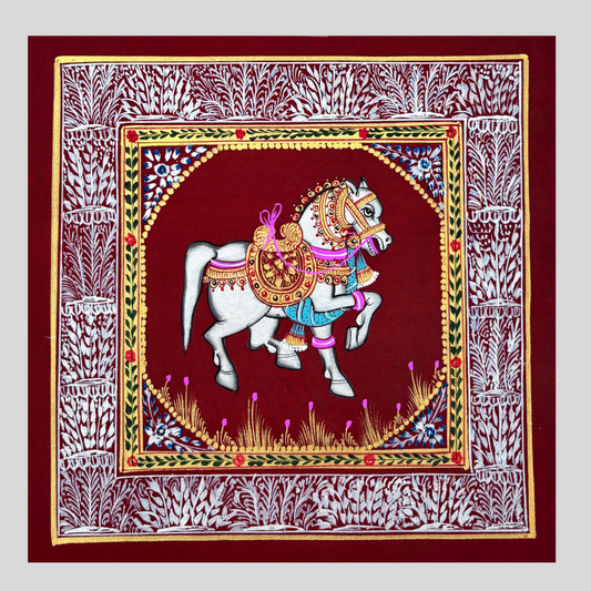 Rajasthani Handmade Miniature painting Horse Maroon background facing right with Golden Detailing