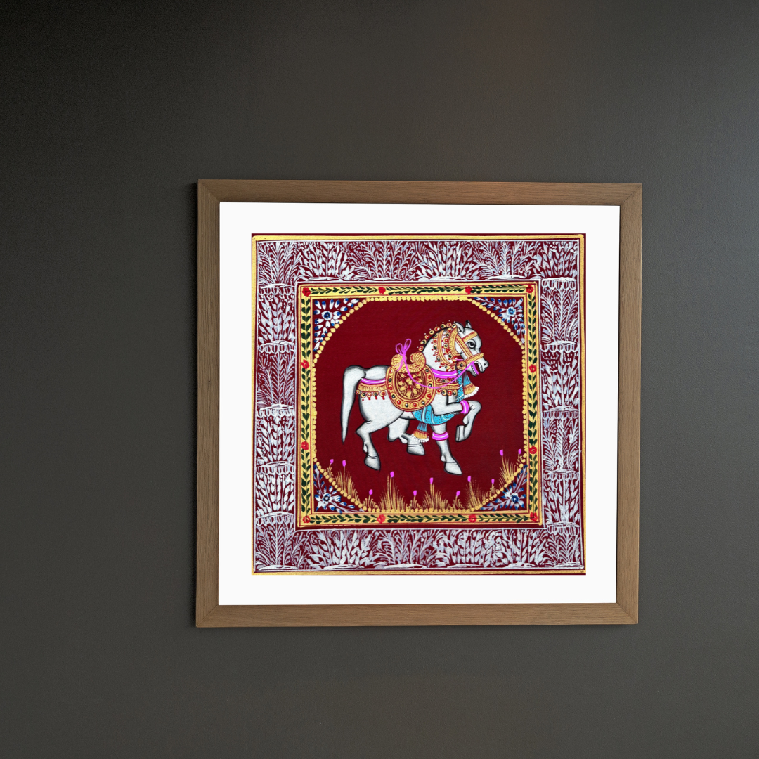 Rajasthani Handmade Miniature painting Horse Maroon background facing right with Golden Detailing