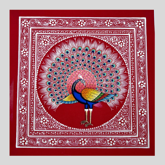 Rajasthani Handmade Miniature painting Royal Peacock Maroon background facing right