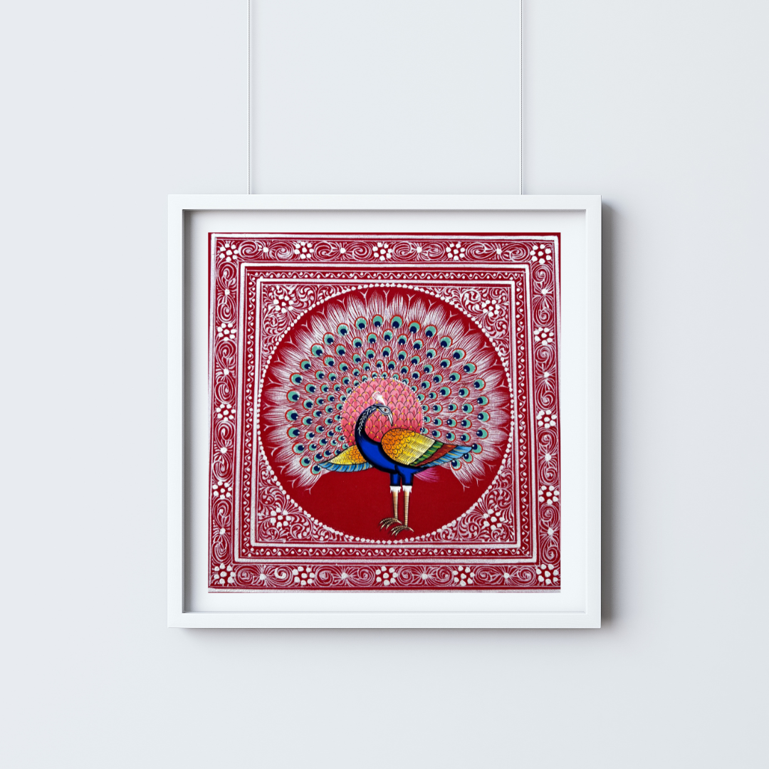 Rajasthani Handmade Miniature painting Royal Peacock Maroon background facing right
