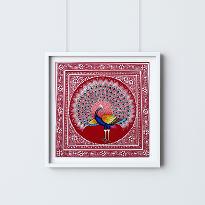 Rajasthani Handmade Miniature painting Royal Peacock Maroon background facing right